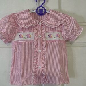 NEW Easter pink seersucker set with bunny embroidery 3/4